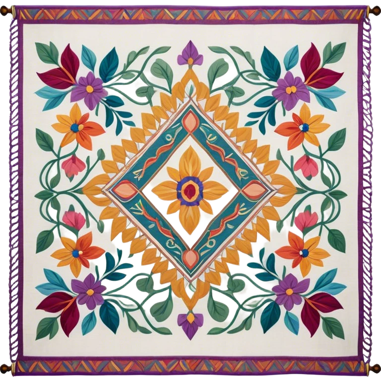 Tapestry icon, woven fabric with intricate patterns, weaving loom, colorful threads, detailed design, minimalistic style, clean lines, transparent background. emoji