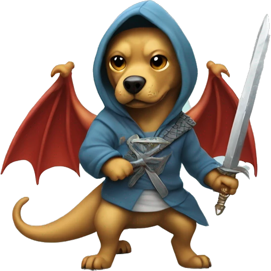 Dog wearing a hoodie with a sword fighting a dragon, but the dragon kills the dog emoji