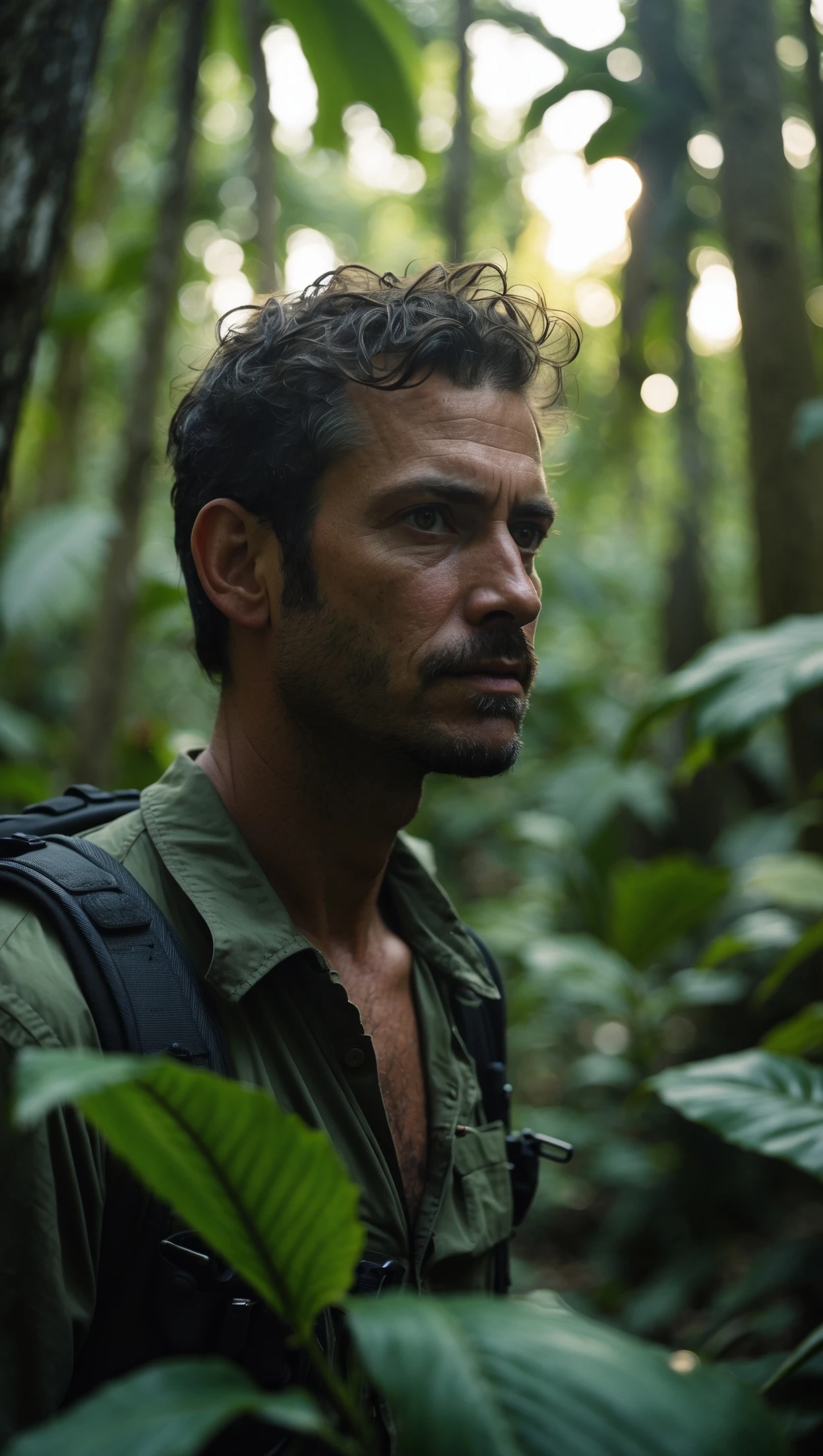 cinematic still, documentary photography, amazon jungle, well lit scene, man is exploring the jungle, close up, front shot emoji