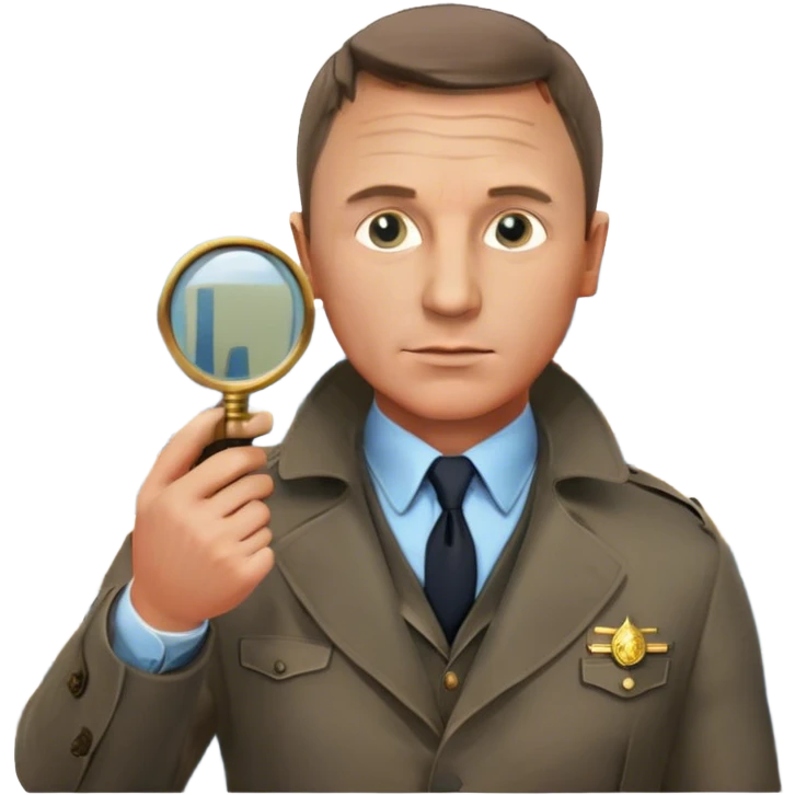 Icon for Detective Movies: A colorful collage featuring Daniel Craig as an inspector, with a magnifying glass, revolver and a mysterious city backdrop. Include a board with photos of suspects, fingerprints, and a crime scene. Retro movie poster style. Transparent background. emoji