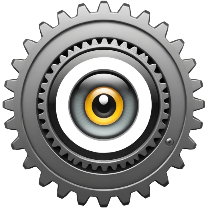 Minimalist emoji-style sticker of a mechanical gear with a realistic eye in the center. Flat graphic icon in grayscale. emoji