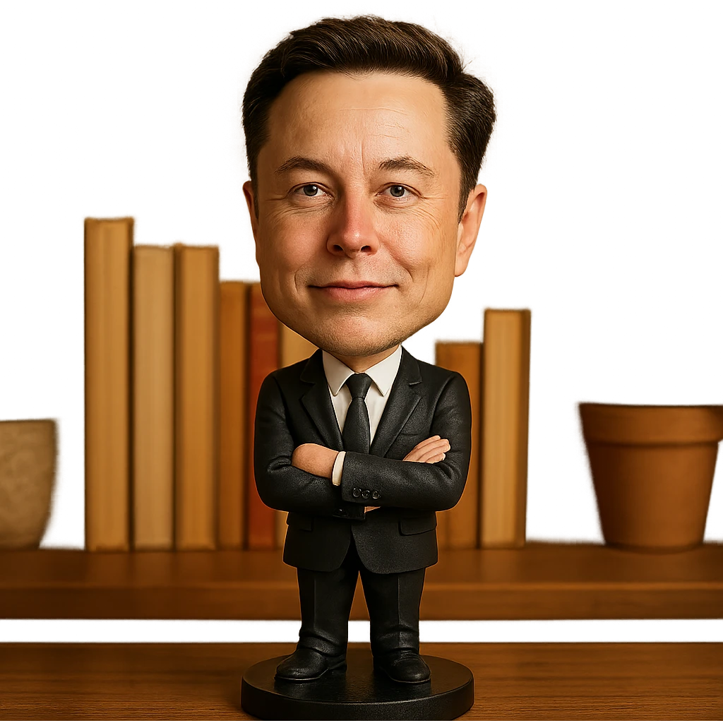 realistic features bobblehead of Elon Musk wearing a suit and tie emoji