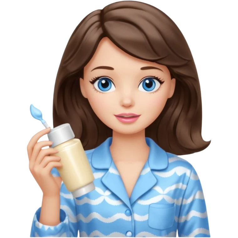 Barbie girl with makeup, blue eyes , and bob long haircut wavy, short brown hair in creamy color pajamas, face cream in hand emoji