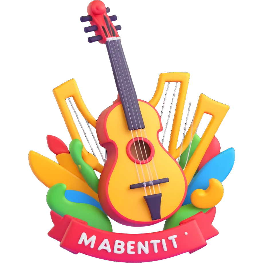 A 3D emoji featuring a central lyre emblem encircled by dynamic, multicolored shapes and symbols representing different arts, with the text "МБУ центр досуга" incorporated, in the style of Microsoft's 3D Fluent Emojis. emoji