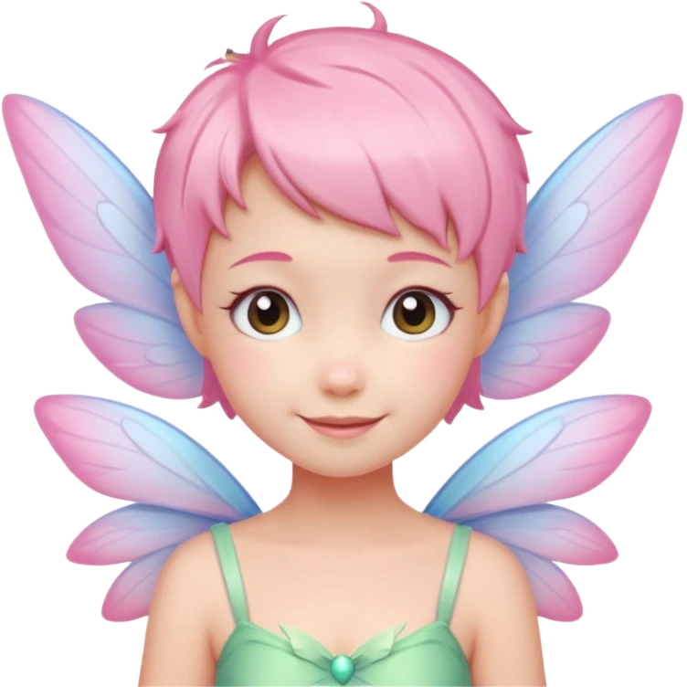 A tiny pastel fairy with pink short hair with glowing wings and a sweet smile  emoji
