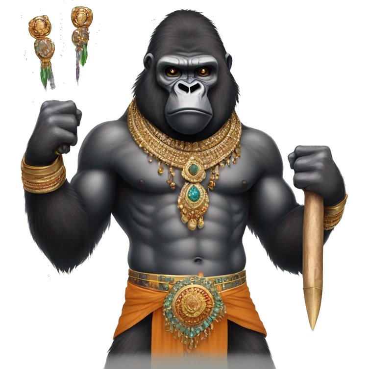 male gorilla with indian male jewellery and  indian traditional wear, holding a  huge weapon, humanoid, holding another  huge weapon  emoji