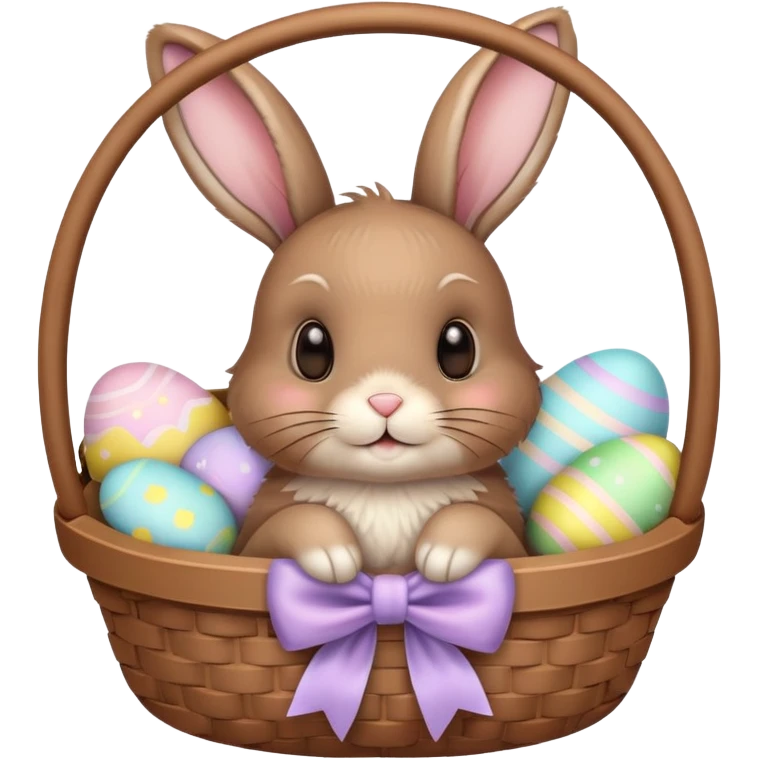 Floppy-eared fluffy brown bunny with a bow, sitting in a pastel Easter basket emoji
