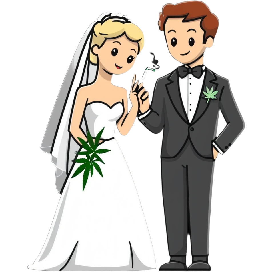 Bride in white dress and groom in tuxedo sharing a cannabis joint, cheerful cartoon wedding couple emoji