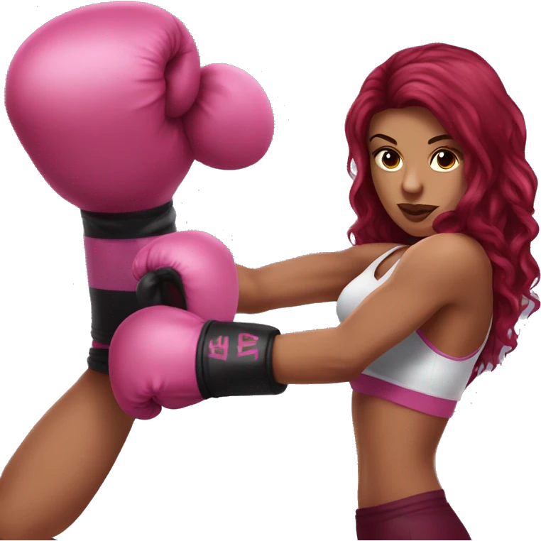 Beautiful tattooed  burgundy long haired woman boxing with pink gloves emoji