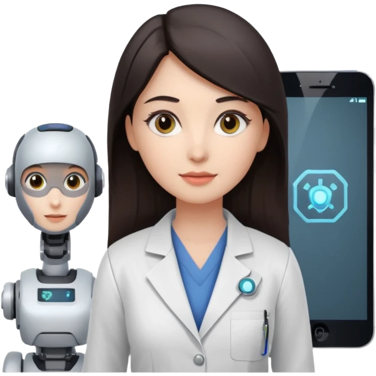 female AI robotics engineer with dark hair, and mobile robot near emoji