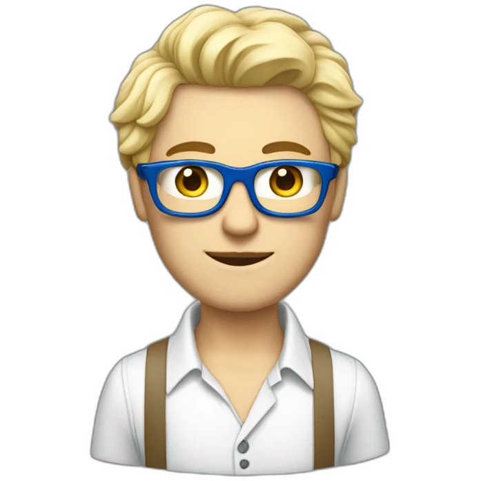Homme jeune en smoking bleu chemise blanche cheveux blond et frisé et lunettes emoji