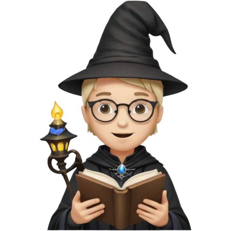 ["A happy boy with light skin, ponytail, wearing a wizard hat and square glasses, dressed in goth fashion, is reading a book while holding a phone."] emoji