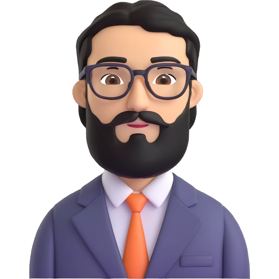 man with medium black beard, black hair, connected unibrow, olive tan skin, brown eyes, glasses, prominent long nose, wearing a professional business suit emoji