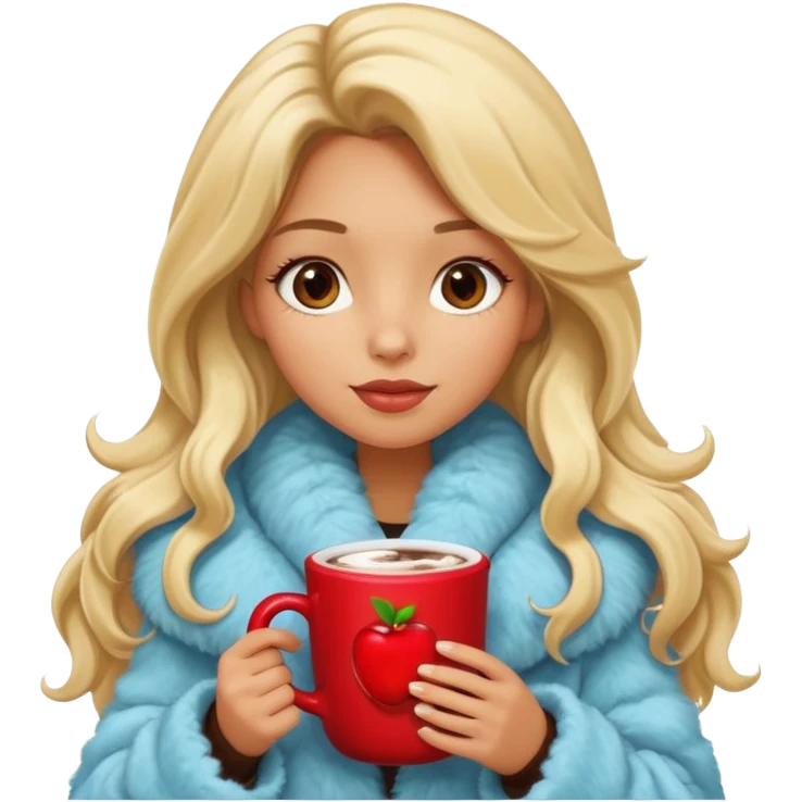 Tanned Girl with lashes , blonde hair, in an extremely big fluffy oversized coat and hold hot chocolate drink and more look like apple emoji face emoji