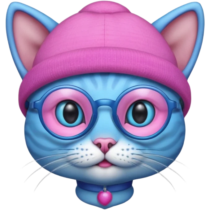 blue alien cat with no fur, pink hat  and spectacles emoji