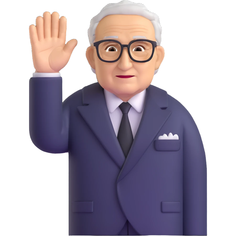 portrait of Henry Kissinger, waving hand emoji