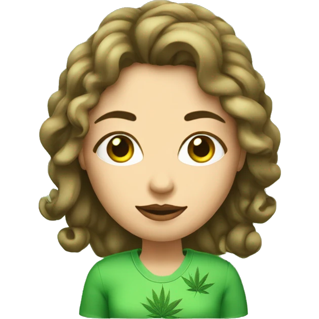 mujer con rulos cortos, ojos verdes claros con cannabis en la mano  emoji