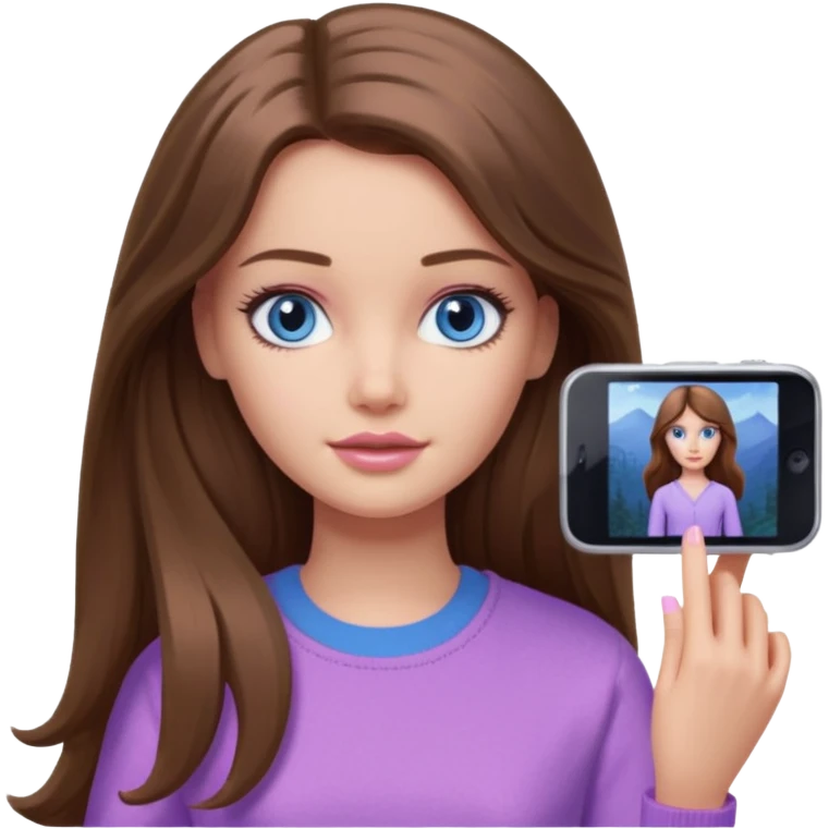 beautiful barbie girl with long brown hair, blue eyes and wearing light purple clothes watching stranger things on tv emoji