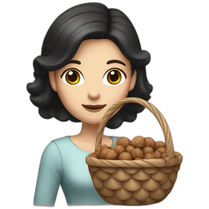 White girl with black and small hair holding a basket of walnuts emoji