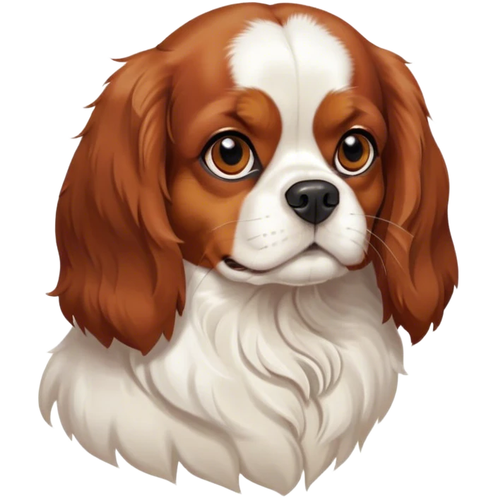 Cinematic Noble Blenheim Cavalier King Charles Spaniel Portrait Emoji, Poised and regal, with a graceful, medium build and a well-groomed Blenheim coat featuring rich chestnut and white markings, soulful brown eyes, Simplified yet sharp and sophisticated features, highly detailed, glowing with a soft, dignified glow, high shine, intelligent and affectionate, stylized with an air of elegance, focused and attentive, soft glowing outline, capturing the essence of a watchful and refined companion, so majestic it feels as though it could step out of the screen with effortless authority! emoji