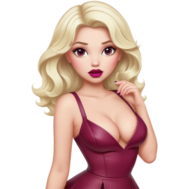 gorgeous woman with platinum wavy blonde hair with big puffy pouting burgundy lips, makeup, wearing a pink leather dress with cleavage, swaying her hips emoji