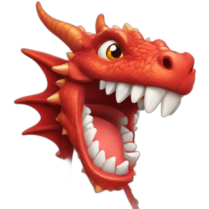 Crazy funny red dragon head with human white teeth and beautiful smile emoji