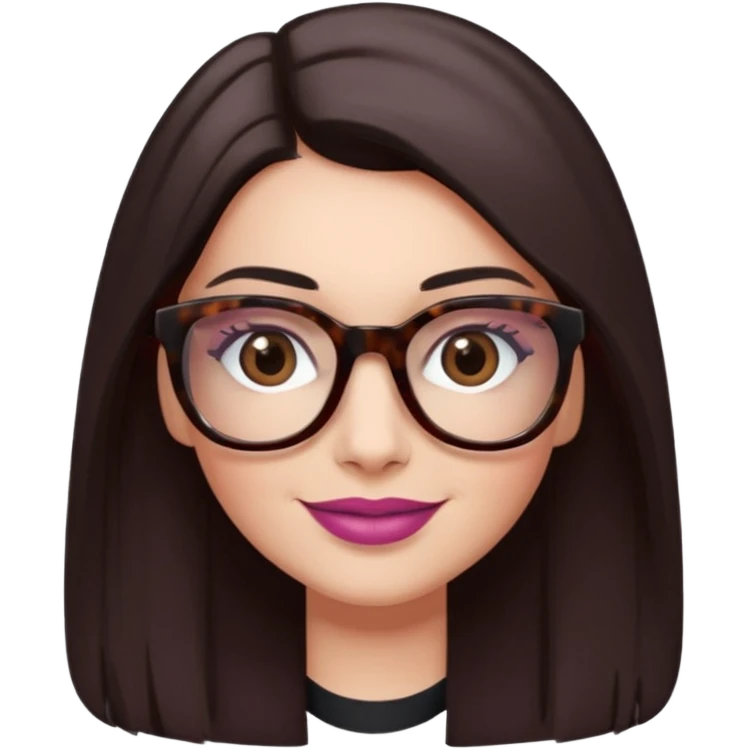 White woman with long straight dark brown hair parted in the middle, dark Brown eyes, light tortoiseshell framed glasses (no pink colour). The lips have soft dark old pink coloured lipstick, and lith smile (no teeth showing). No shaddow make-up in the eyes. emoji