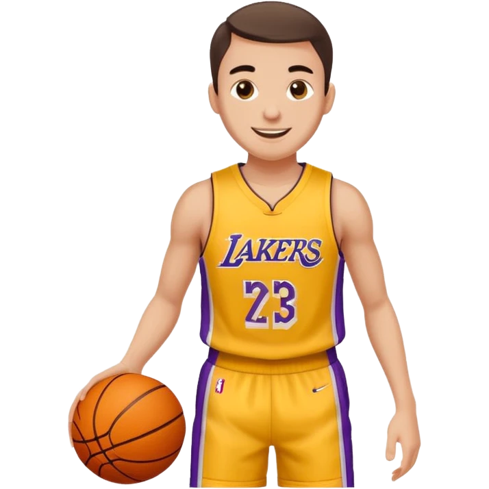 Joven con color de piel claro con uniforme de basquetball laker sosteniendo una pelota de basquet emoji