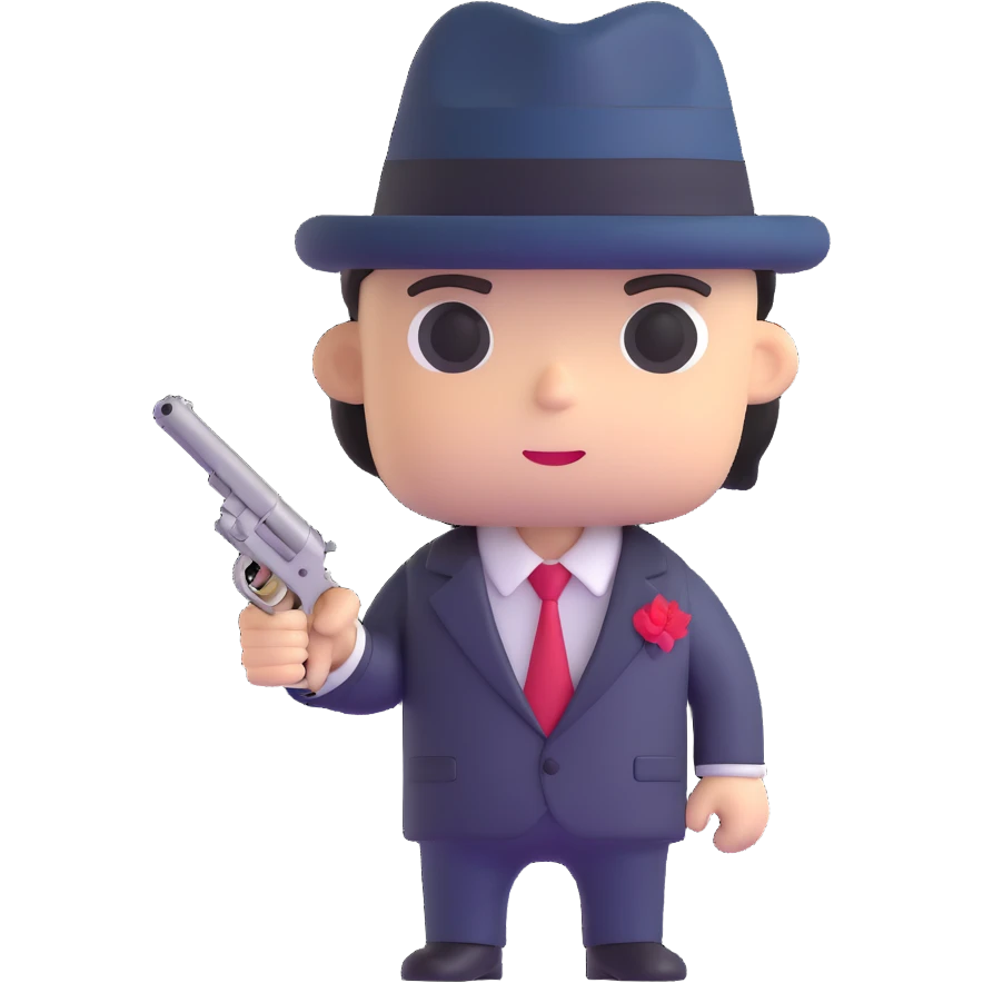 adorable mafia character with suit and tiny gun emoji