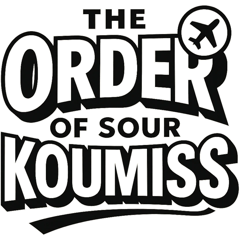 A retro 90s logo for 'The Order of Sour Koumiss' with bold typography and a subtle travel-related icon, in black and white emoji