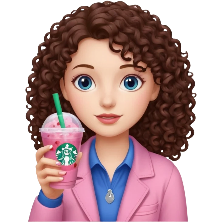 make an emoji of a curly brunette blue eye girl wearing light pink drinking a strawberry acai refresher from starbucks emoji