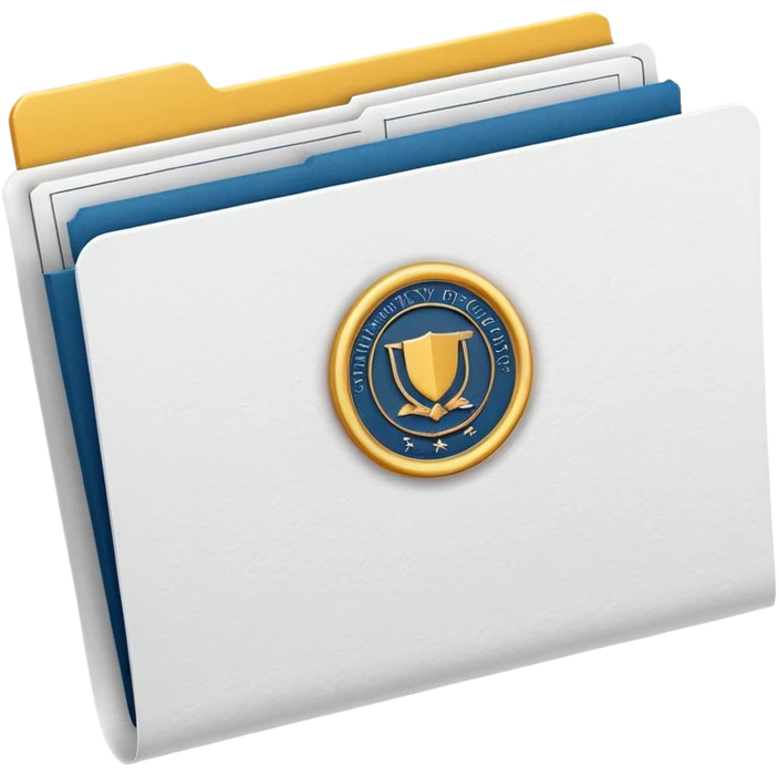 A simple emoji-style icon of a white textured paper folder, clean and formal, with sharp edges, minimal shading, and an embossed university degree/certification seal on the front, conveying academic achievement and official records. white white white  emoji