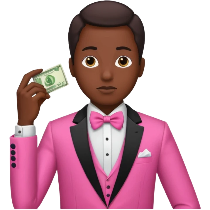 ambitious thinking about money, black person, pink tuxedo emoji