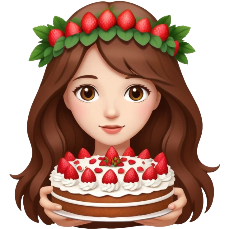 A beautiful girl with long brown hair and a wreath holding a strawberry cake emoji