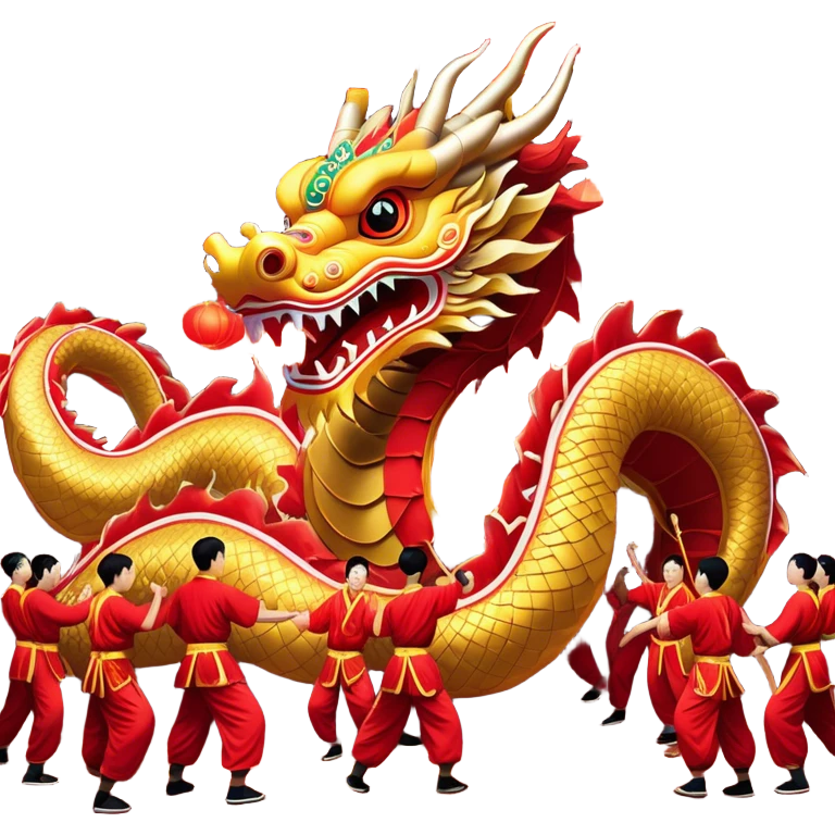 Cinematic Realistic scene of a traditional Chinese Dragon Dance featuring a team of performers skillfully manipulating a colossal, flexible dragon puppet, its intricately detailed, vibrant scales and flowing, embroidered fabric catching the light, set against a festive backdrop of red lanterns and dynamic red-tinged lighting that accentuates the majestic presence of the dragon puppet. emoji