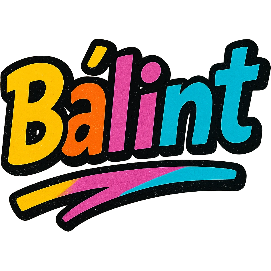 The name 'Bálint' in a modern, colorful gradient font with dark outline, dynamic, slanted or partial underline, in the style of sample images. emoji