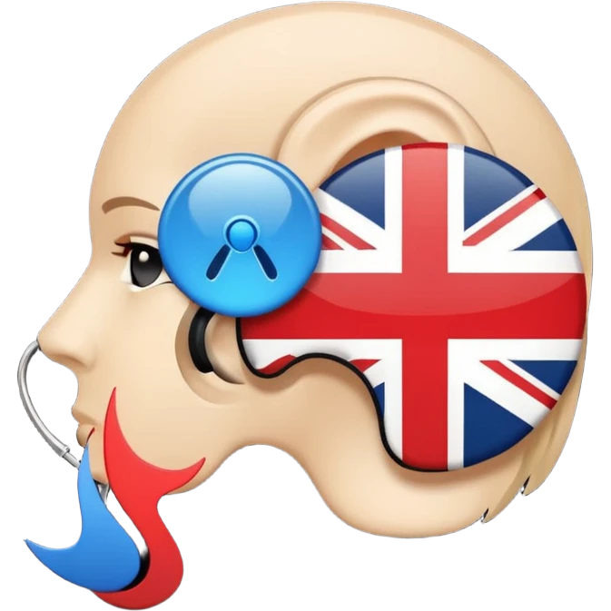 Minimalistic flat vector icon, iOS style, thin black contour on white background. Ear icon with sound waves and small UK/USA flag symbol. Clean, no text, no shadows emoji