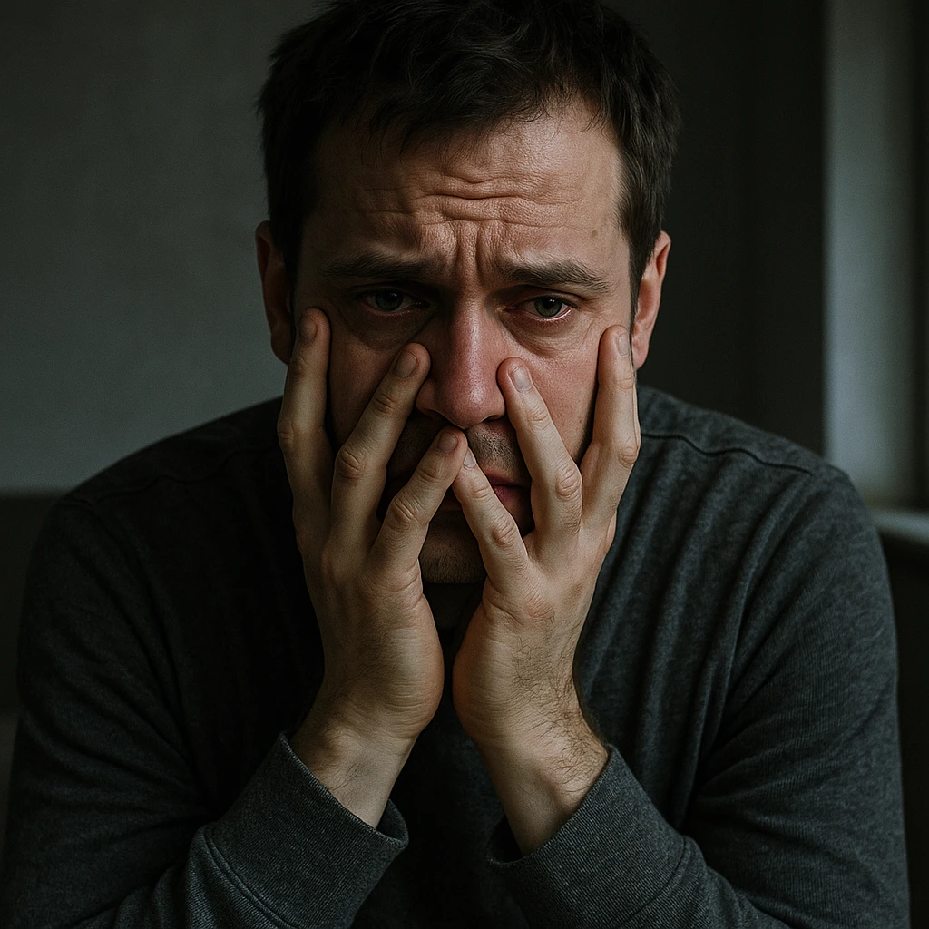 realistic man showing signs of anxiety, depression, and panic attack, suffering expression, closed posture or hands on face, intense and realistic atmosphere, clear and informative style emoji