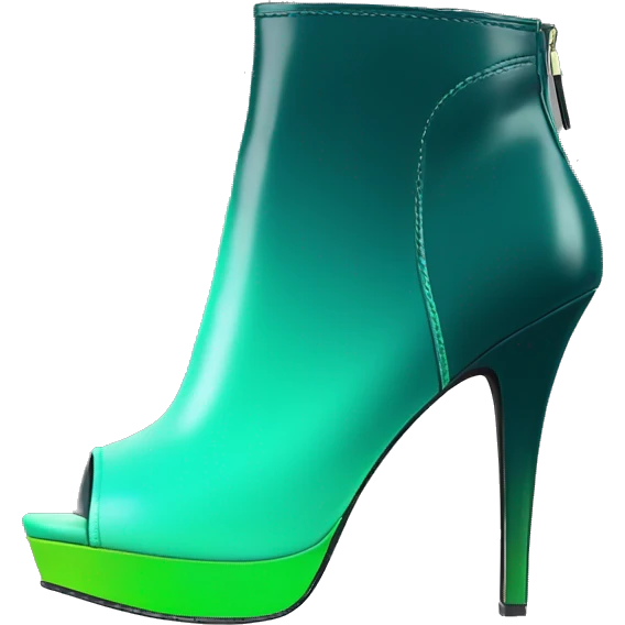 Realistic isolated top front view of a pair of dark teal,lime green,mint green and emerald green ombre high heel peep toe ankle bootie boots. emoji