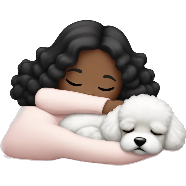 White girl black hair sleeping with Mini Bichon emoji