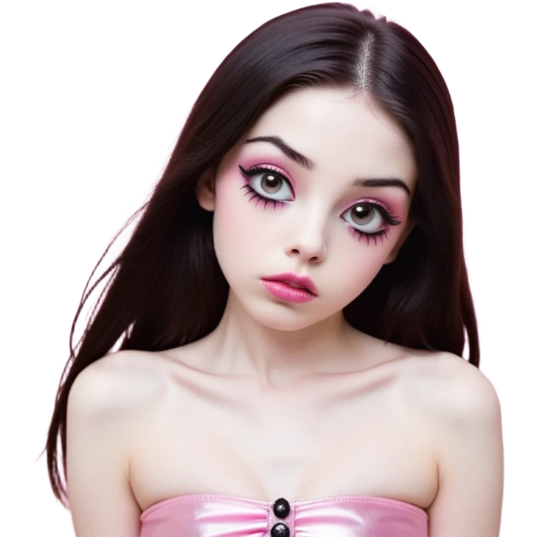 girl with white skin, dark brown long straight hair falling in front of her body, very big pouty extra shiny lips with absolutely no cupid's bow, shiny large eyes with black eyeballs and long eyelashes, lighter button nose, very long oval-shaped face, wearing a pink bandeau top with straight neckline, looking directly at camera with hands down at sides emoji
