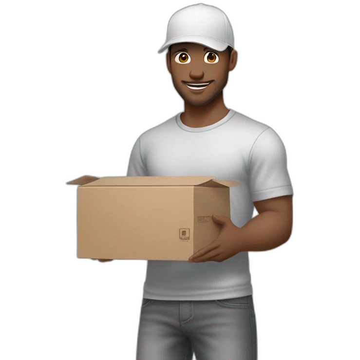 Pale skinned fit Man with dark brown hair in a white cap, gray jeans and gray polo T-shirt keeping a pasted box into his hands emoji