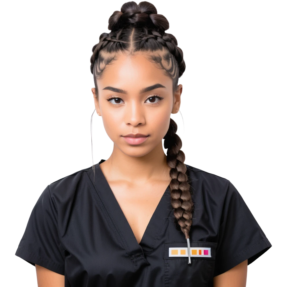 A 40-year-old Latina woman with light brown skin, working as a car mechanic, wearing all black mechanic scrubs, with two braids pulled back from her head emoji