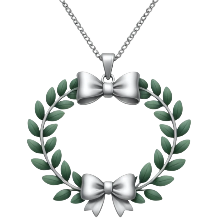 A silver necklace with a wreath shaped pendant and a bow at the top emoji
