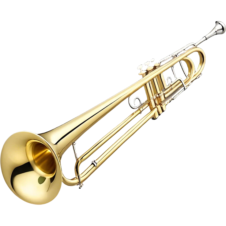 Create an elegant and detailed emoji representing the Bach Bb/F tenor trombone. The design should feature the smooth, shiny brass body of the trombone, showcasing its large, flared bell and curved tubing. Highlight the tuning slide with its polished metal finish, and the mouthpiece should be clearly visible. The trombone’s surface should have a gleaming brass tone with subtle silver accents around the mouthpiece and slide. Add a few musical notes or soundwaves emanating from the bell to emphasize the powerful sound of the trombone. Use golden and brass tones with reflective light effects to enhance the trombone’s professional and high-quality appearance. The background should be transparent. emoji