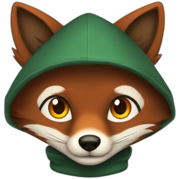 small dark brown fox with orange eyes and a dark green hood that smile emoji