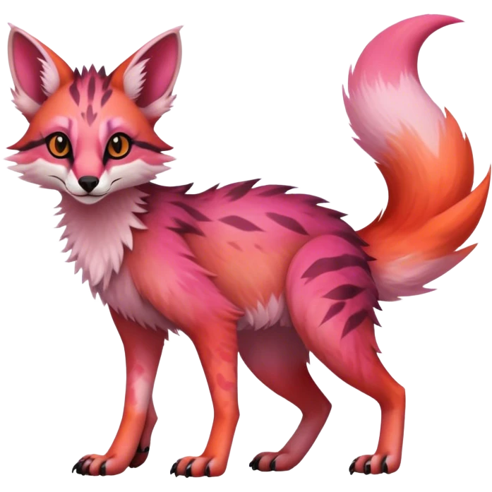 Feral Rare Fantasy dark pastel gradient-pink-red-orange Vernid-Sergal-Genet-species by LiLaiRa, random markings, tufted ears, full body, 4 legs emoji