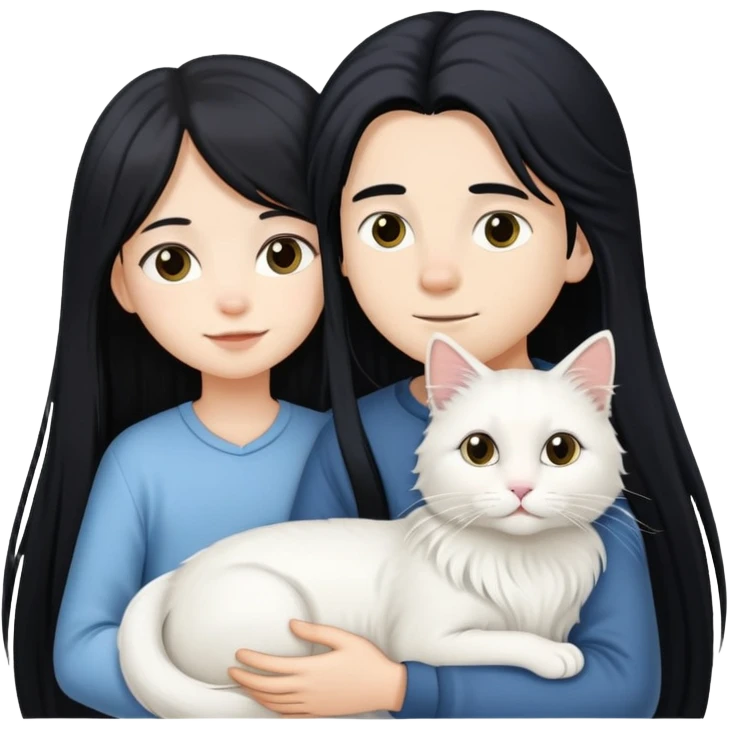 A young boy and a girl with long black hair holding a white long-haired cat emoji
