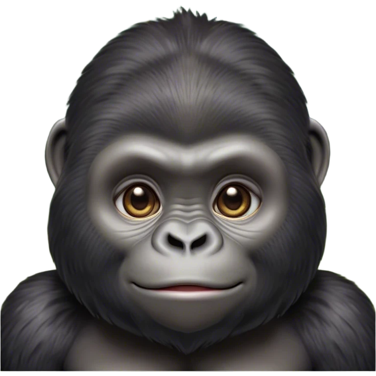Cinematic Cute Gorilla Portrait Emoji, Head tilted playfully and inquisitively, with a robust, endearingly soft face accented by tender fur and round, sparkling eyes full of warmth, Simplified yet irresistibly adorable features, highly detailed, glowing with a warm, friendly jungle glow, high shine, affectionate and lively, stylized with a touch of whimsical charm, soft glowing outline, capturing the essence of a mischievous yet loving gorilla that feels like it could lumber out of the screen into your arms! emoji