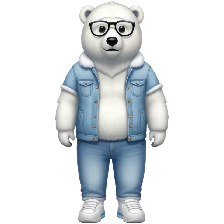 friendly anthropomorphised polar bear standing upright, looking chilled and unbothered, wearing a shirt, jeans, trainers, extravagant glasses emoji
